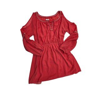 Entro Womens Coral Cold Shoulder Tunic Dress W/ Lace-Up Neckline Size L